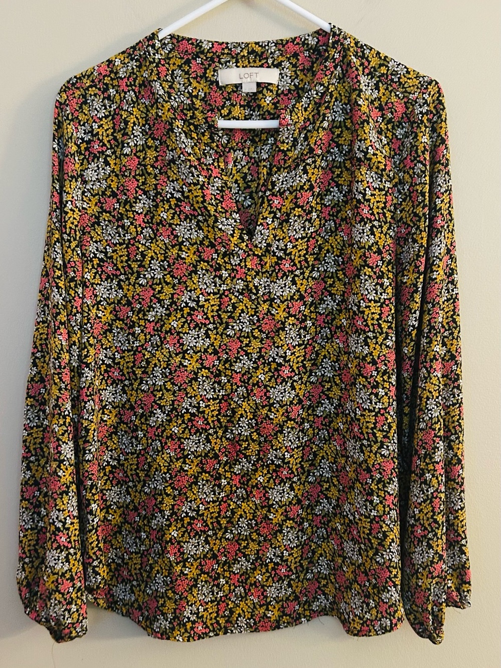 LOFT Black Floral V-Neck Long Sleeve Blouse with Pink and Yellow Flowers